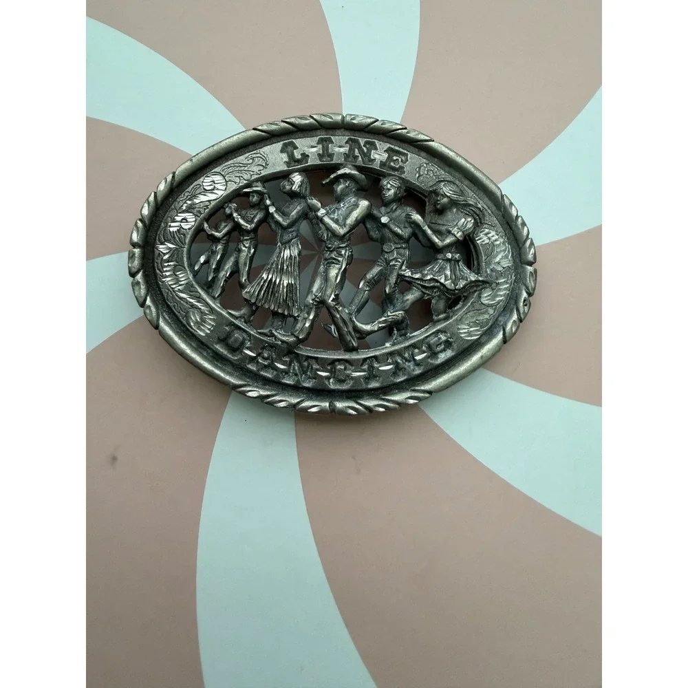 Vintage Line Dancing Belt Buckle Pewter Tone Western Country Cowboy Oval Relief